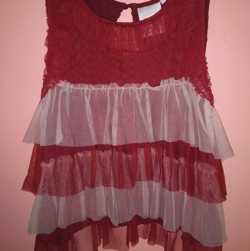Size L 4 Tiered Ruffled Beige&Burgundy Crop Tank